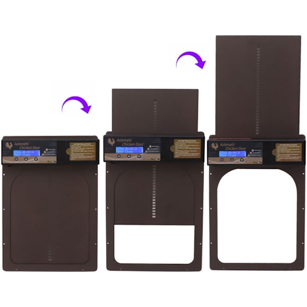 Automatisk Hönshusdörr med Timer, Tillverkad av Aluminiumlegering, IP45 Vattentät, LED-Skärm, Batteridriven, för Gård, Kaffe Brun