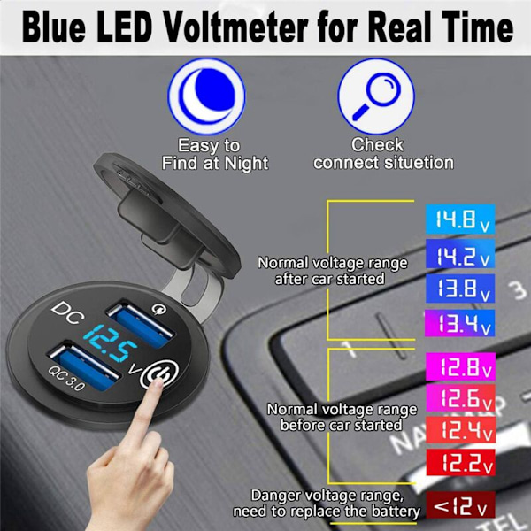 4X 12V USB-stikkontakt, dobbelt opladning 3.0 billader med kontakt og voltmeter til lastbil motorcykel V / 24