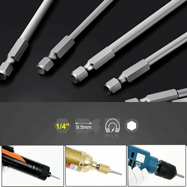 11 pitkän Torx-kärjen sarja ruuvimeisseleille ja sähköruuvimeisseleille - Magneettiset kärjet - 1/4 kuusiokolovarsi - Koot T6 - T40 - Pituus 100 mm