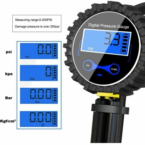 Digitalt dekktrykkmåler 250 PSI, høypresis digitalt dekktrykkmåler med inflasjonspistol for bil motorsykkel sykler, 2 AAA-batterier, LCD-dis