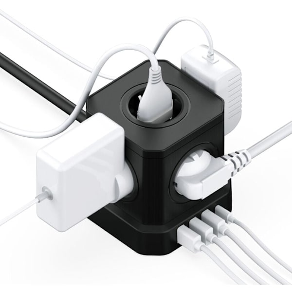 9-i-1 Cube Strømskinne med USB, 5 Stikkontakter med 4 USB-porte, Stikkontakt med Afbryder, Overspændingsbeskyttelse med Afbryder og 2M Kabel, 4000W Strømskinne Forlænger
