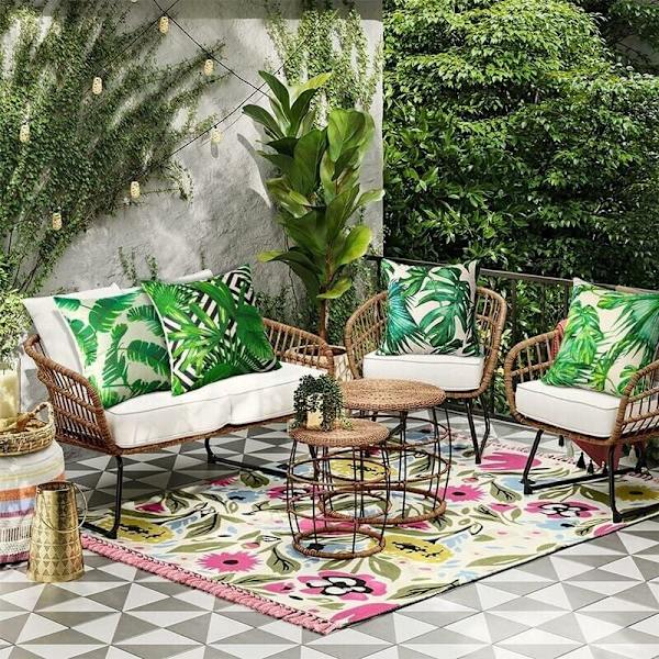 Udendørs pudebetræk, sæt med 4 vandtætte grønne tropiske plante mønster sofa pudebetræk til terrasse have stue soveværelse dekoration, 45x45cm -Tr