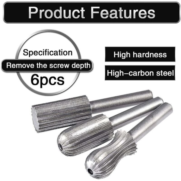 6 stk. Wolfram Rotary Burr Sæt Dobbelt Snit 6mm Wolfram Skaft Filing/Gravering/Slibning Bits til Roationsværktøjer