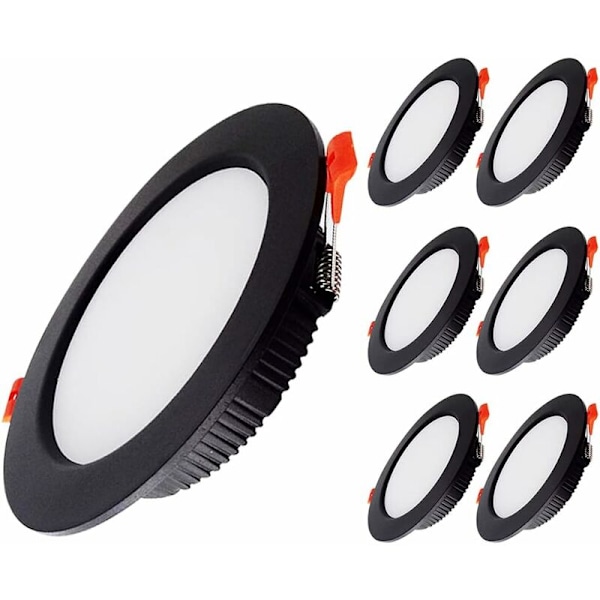 6 kpl Musta LED Uppoasenkkivalaisin Ultra Ohut LED Kattovalaisin, 500 Lumenia, AC 220-240V IP44 7W 70-85MM 3000K Lämmin Valo [Energiatehokkuusluokka A]