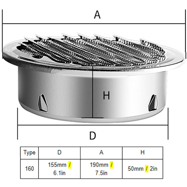 Rund Luftventil, Rustfrit Stål Ventilationsgitterdæksel, Ekstern Ekstraktor Væggenventil til Badeværelse, Kontor, Hjem (160 mm / 6,3 tommer)