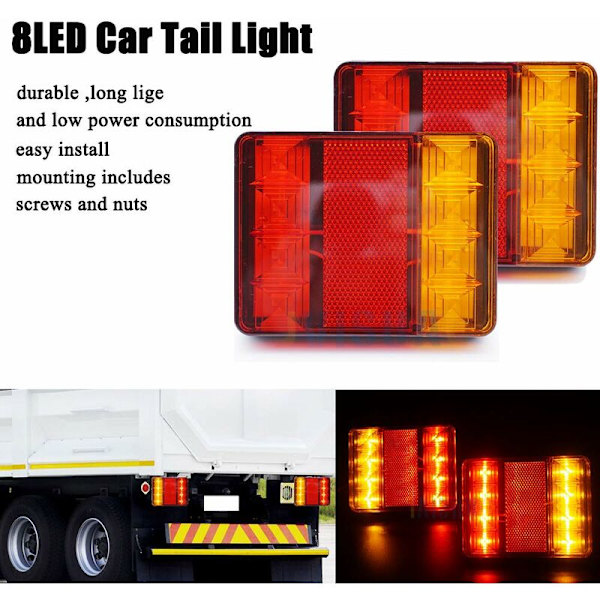 Tilhenger baklykt, 12V 8 LED IP65 Vanntett Multifunksjonell Lastebil Tilhenger Bremslys 2 stk
