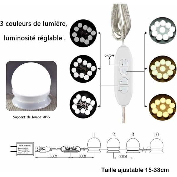 Spejlslys, 10 Pærer Hollywood Dæmpbar LED Lyskit Lampe til Badeværelse Kosmetisk Spejl 3 Farver 10 Lysstyrke Niveauer med Adapter (Spejl Ikke Inkluderet)