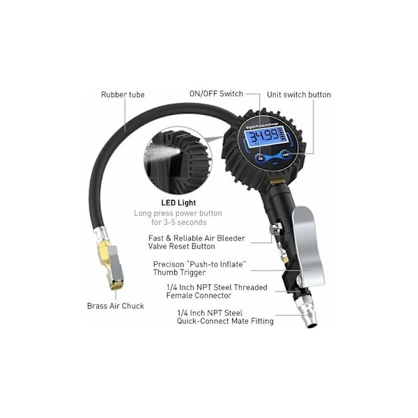 Digitaalinen Rengaspainemittari, Tarkka Digitaalinen Rengaspainemittari Ilmapuhaltimella Autoille, Moottoripyörille ja Polkupyörille, 250 Psi LCD-näyttö, 1/4Npt Uros