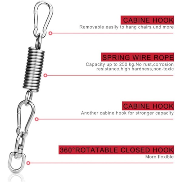 Upphängningsfjäder, Takkrok Stålfjäder Hängmatta Hängset med 2 Karabiner & 360 Svingbar krok, Fjäderhängande Stol Svingkrok för Strandväska