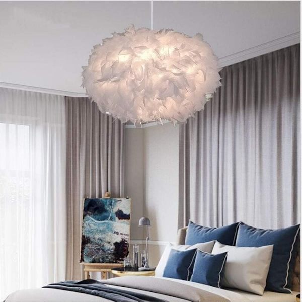 Modern Ovalformad Hängande Taklampa i Vita Fjädrar, Hänglampa för Sovrum, Ø 40cm, Höjd 25cm - RWSuspension