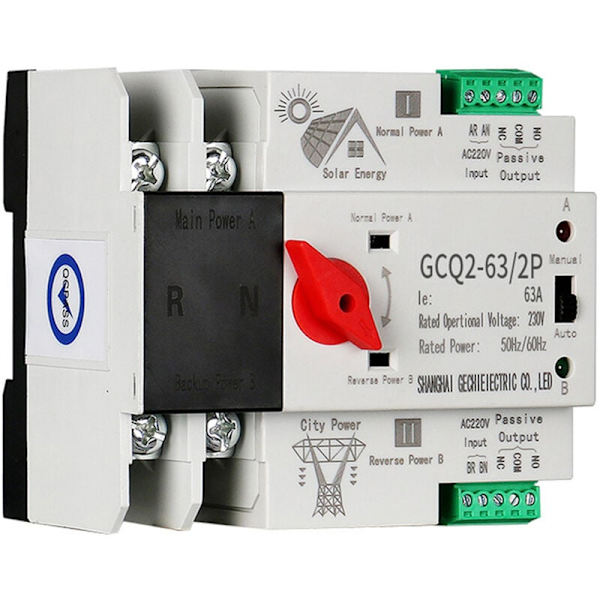 Solenergi Fotovoltaisk Automatisk Transferbrytare Din-skena 2P 63A AC220V PV-system Strömförsörjning till Stadsnät