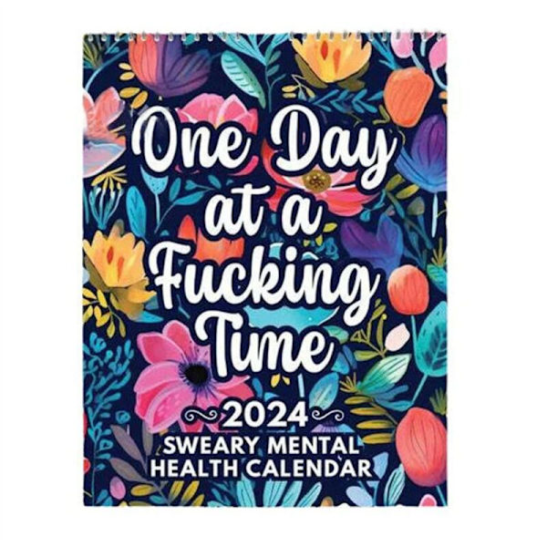 Rolig kalender för mental hälsa 2024, inspirerande svordomskalender 2024, blommig kalender, inspirerande väggkalender