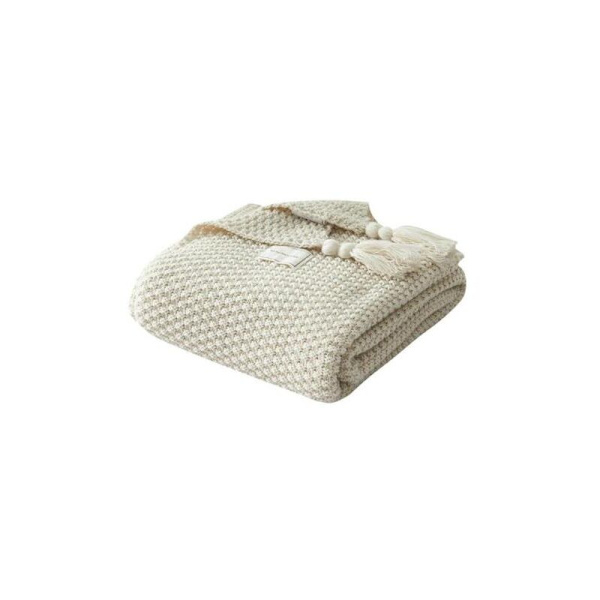 Nordisk Håndstrikket Tæppe, Modetæppe, til Sofa, Seng og Som Tæppe, Beige, 120X150Cm