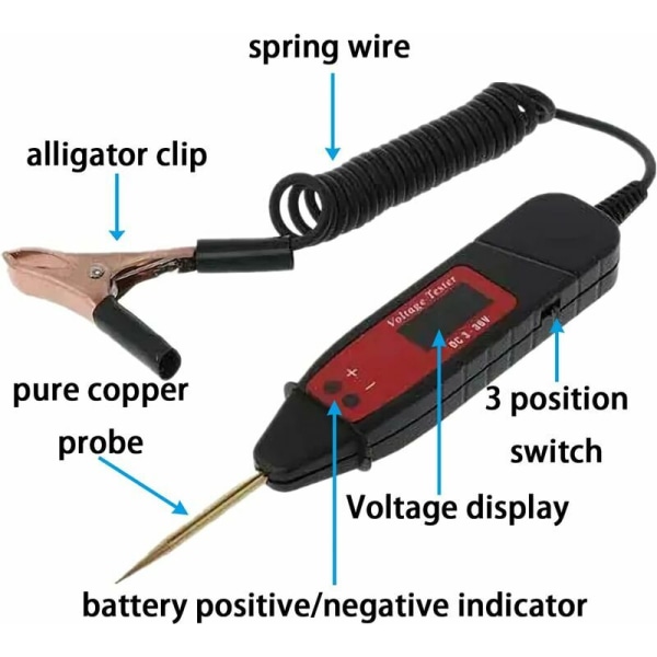 3-36V Automotive Circuit Tester Pen, Car Test Lamp, Vehicle Voltage Tester, Bestemmelse af batteriets positive og negative, Auto Electrical Test