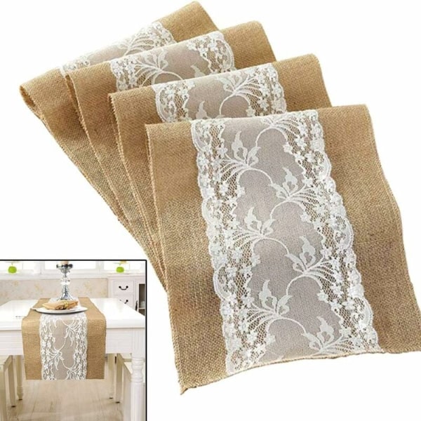 Vintage Rustic Table Runner White Burlap Tablecloth Lace Burlap Table Runner Christmas Winter Home Decorations for Wedding Festival Party Decoration
