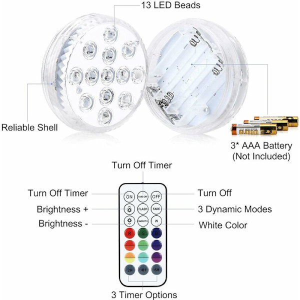 Neddykbare LED-lys 2-pakning 13-LED Neddykbar LED-lampe 16 RGB-farger Neddykbare LED-lys IP68 Vanntette LED-lys med fjernkontroll Decora