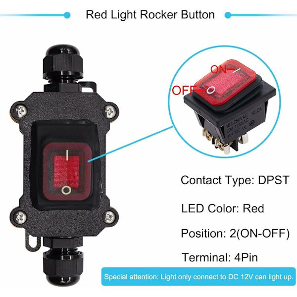 IP67 Vattentät Kabelbrytare På/Av Linjebrytare 4 Terminaler DPST Utomhusbrytare 220V AC med Röd LED Dubbel Linje In- och Utgång H-K062-KCD4-201N-R-W