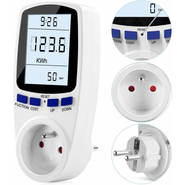 Wattmeter-stikkontakt, AC 185V 264V energimåler, strømforbrugsmålerstikkontakt med LCD-display -