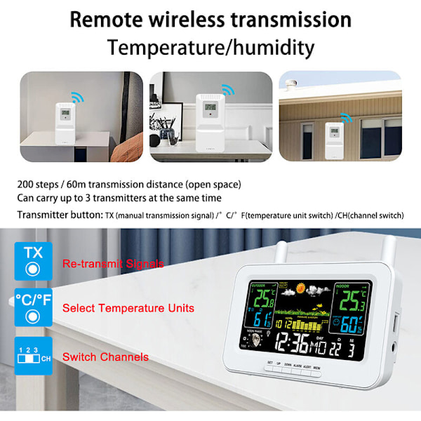 Trådlös väderstation Wifi Inomhus och Utomhus APP-kontroll Termometer och Hygrometer Väderprognos Väckarklocka Snooze Månefas Atmosfärisk P