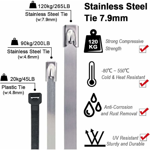 Metallikahva 500x7.9mm, Ruostumattomasta Teräksestä Valmistettu Kaapelin Kiinnitys, Hopea, Raskas Käyttö - Zip-Kiinnikkeet Metalli - Kestävyys 120kg, Pakkaus 100 Kpl - RWHo