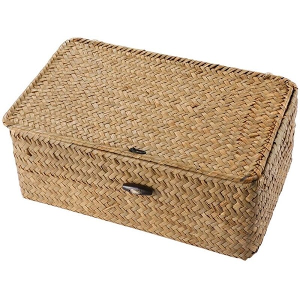 Rattan- ja Merilevästä Kudottu Säilytyskori, Käsintehty Monikäyttöinen Säiliö Kannella (10cm)