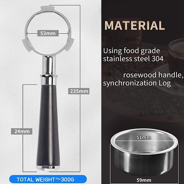 51 mm:n 3-korvainen suodatinpidike, ruostumaton teräs, suodatinpidike ilman 51 mm pohjaa, puukahvalla ja siiviläkori