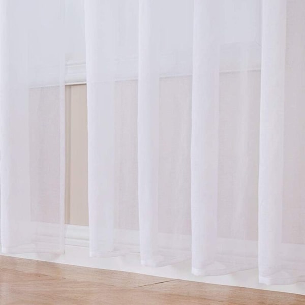 Korte, halvt transparente gardiner med øjer i linnelook - gardiner, slør til stue, soveværelse, børneværelse, hvid 220×140cm (H×B