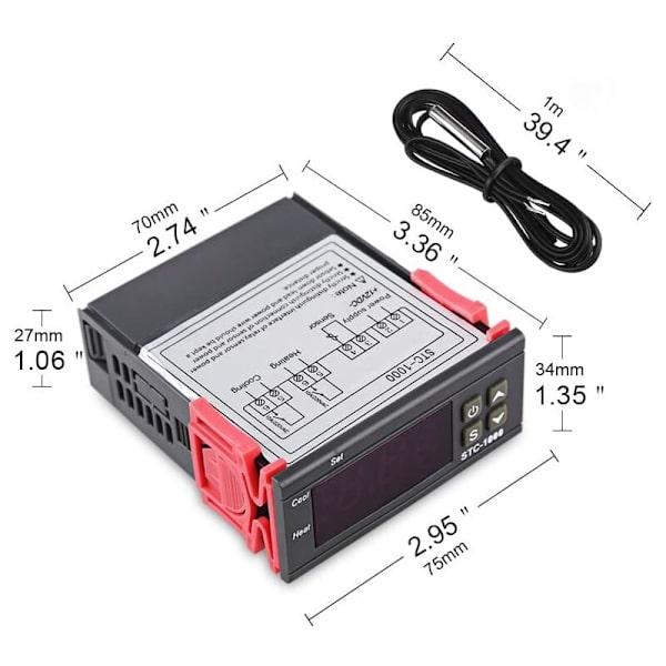 AC 110V-220V Temperaturregulator, STC-1000 Allround Digital Termostat med NTC Temperatursensor Sond, Celsius Temperaturregulator, He