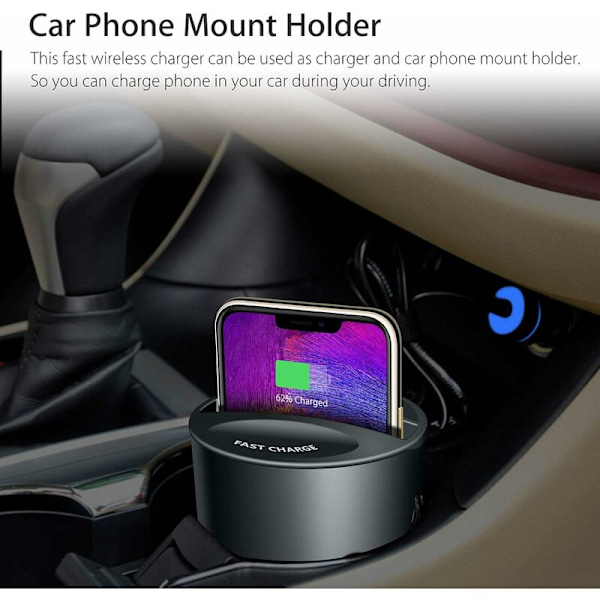 Trådløs Bil Lader Koppbærer, 2 i 1 Qi Rask Trådløs Bil Lader med USB Port Telefonholder Stativ Lading Holder for iPhone Samsung
