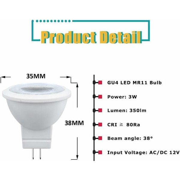 3W MR11 GU4 LED-pære Varmhvit 3000K AC/DC 12V Tilsvarer 35W Halogenpære Perfekt for hjem, kontor, butikk, supermarked, barer, kafé, utstilling,
