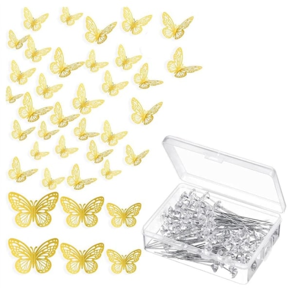 160 stykker blomsterbuket tilbehørssæt, 60 3D guld sommerfugl klistermærker vægdekoration og 100 diamant corsage nåle