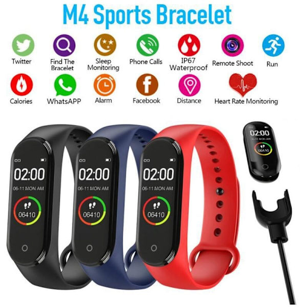 M4 Smart Armband - Träningsräkning - Smart Stegräknare - Armband - Kan mäta blodtryck och hjärtfrekvens, Trådladdningsmodell - Blå