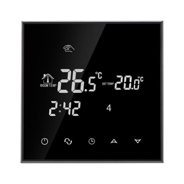Smart digital programmerbar gulvvarmetermostat for romtemperaturkontroll med berøringsskjermglass, Jet Black, 200-240V