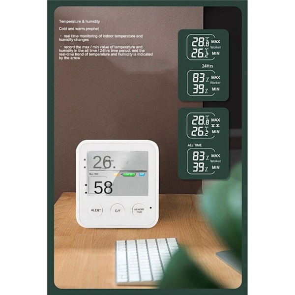 Elektronisk digitalt temperatur- og fugtighedsmåler Indendørs udendørs termometer hygrometer vejrstation ur hvid