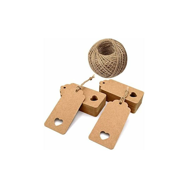 100-pack Kraftpapperslappar 9,5 x 4,5 cm för bröllop/jul/födelsedagspresent, bagage, med 30 m jutesnöre (brunt) -