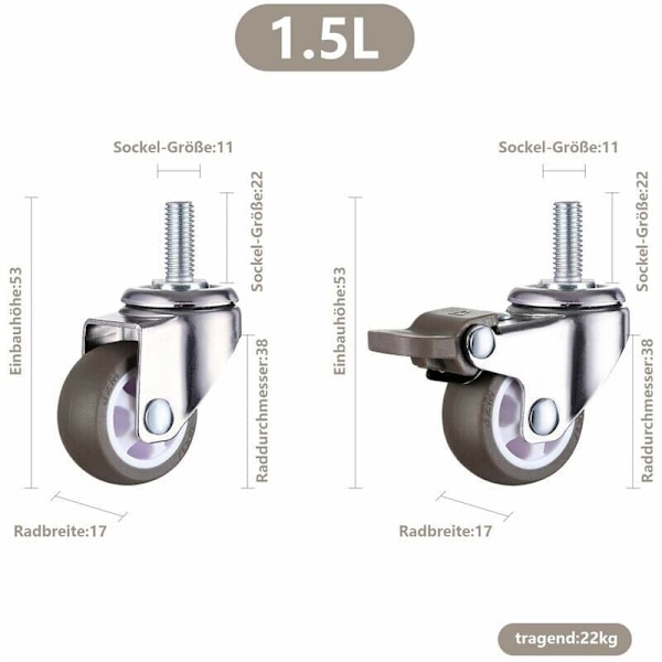 Raskaankaluston kumiset pyörivät pyörät M8-kierteisellä varrella käsikärryille, työtasoille, huonekaluille, 1,5 tuumaa, kierteiden halkaisija: 8 mm, pituus 20 mm, 2 kpl