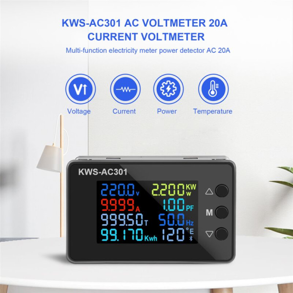 Digitalt display nuværende voltmeter 50-300V AC multifunktion wattmeter elektrisk måler AC strømdetektor 20A