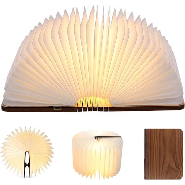 Træfoldbar LED Boglampe, Sort Valnød LED Bordlampe, Natlys USB Genopladelig Boglampe Stemningslys (9122.5cm)
