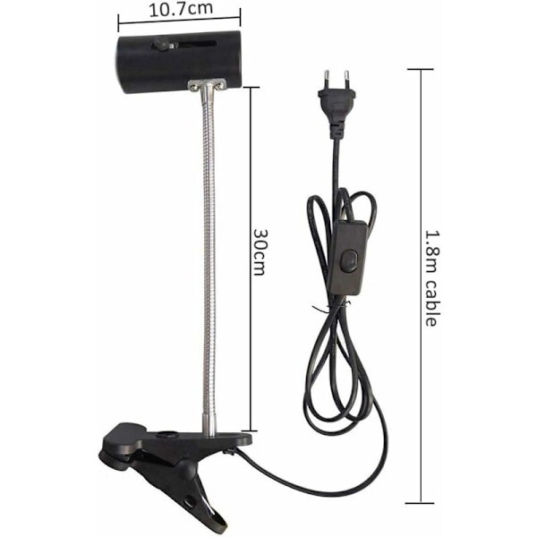E27 Sokkel med Klemme og Afbryder til Reptillampe, 360° Justerbar med Fleksibel Arm og 1,8m Kabel, Klips-på Sokkel til Varmelampe/Akvarium/UVA/UVB