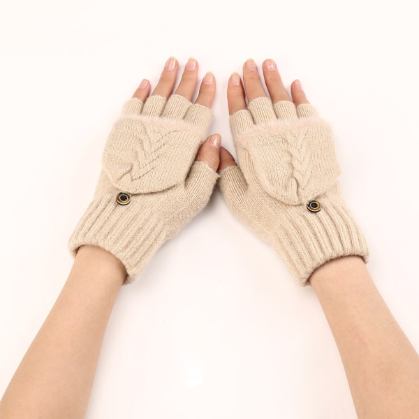 Høst og vinter flip-top korte ullfingerløse hansker for kvinner, varme og fasjonable strikkede halvfingerermer (beige)