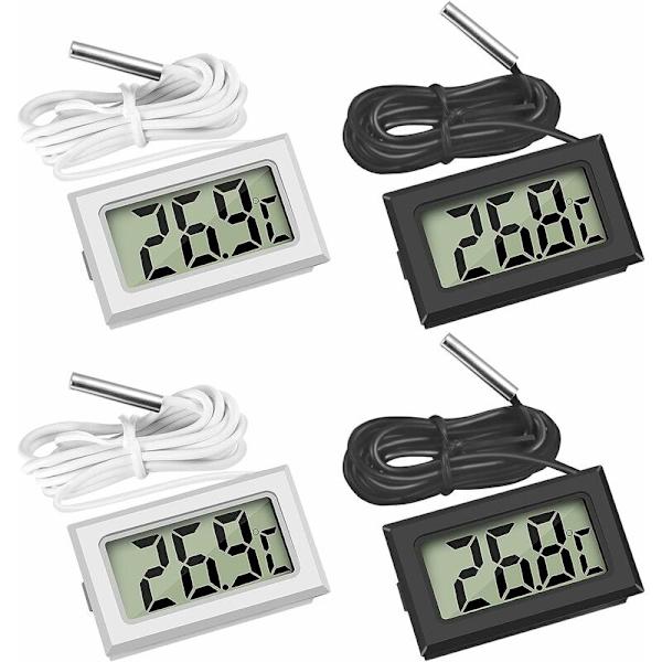 Mini digitalt LCD-termometer med temperaturføler-sensor-tester til køleskabe, frysere, akvarier (2x sort, 2x hvid)