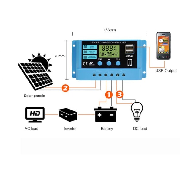 30A lataussäädin 12V/24V älykäs aurinkopaneelin lataussäädin LCD-näytöllä ja 5V/2A USB-portilla, sopii erilaisille akuille E