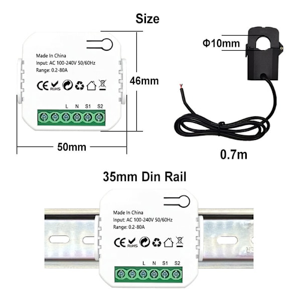 Mete Smart Energy Switch Tuya Smart Life Wifi Energianmittauslaite 80A Kw Virtamuuntajan Pihdeillä