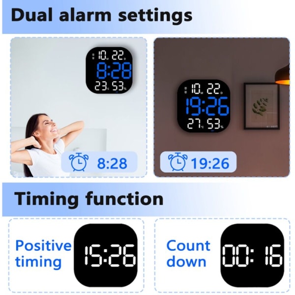 Stor LED digital veggklokke fjernkontroll temperatur dato uke display justerbar lysstyrke bord alarmklokker hvit klokke