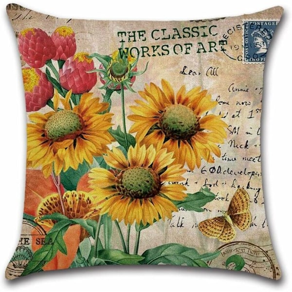 Putetrekk 45 x 45 cm Blomster, Fugler, Dyr og Planter Mønster Vanntett Putetrekk for Sofa Hjem Stue Soverom Dekorasjon 4 Stykker (Sol