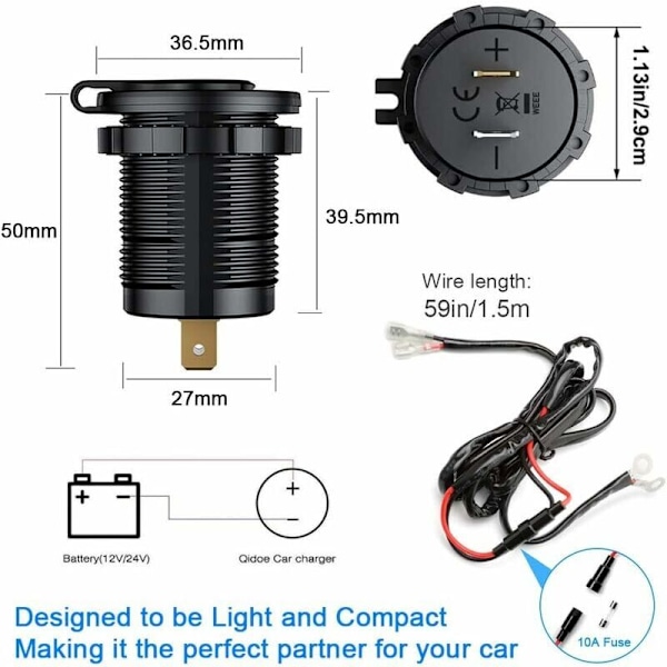 Hurtiglader 3.0 USB-billaderkontakt 12V/24V 36W, Dual QC3.0 Dual USB Hurtigladerkontakt, Egnet for Skip, Skip, Motorsykler, Lastebiler, Golf C