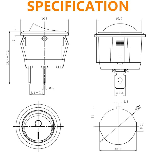 Svart rund vippströmbrytare 10 st på/av 2 stift AC 6A (250V) 10A (125V) SPST tryck vippknapp för bilbåt marin lastbilsljus hushåll
