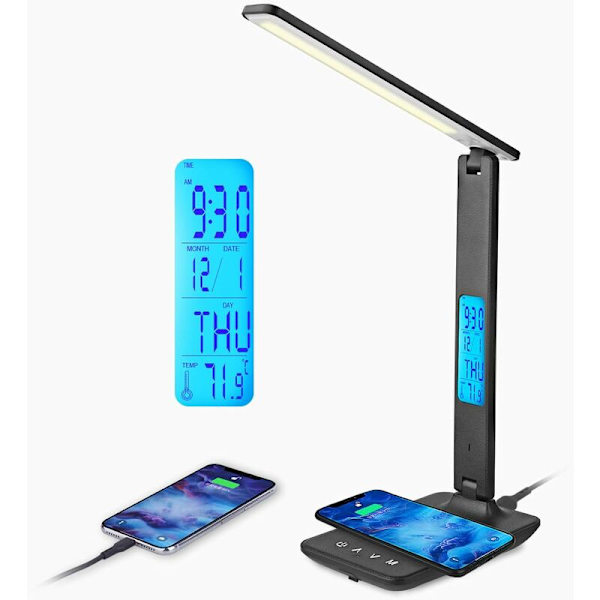LED-pöytälamppu 10W langattomalla latauksella ja USB-latausportilla, 3 värilämpötilaa, 3 kirkkaustasoa, kosketusohjaus, aika, lämpötila, kello hauskaa