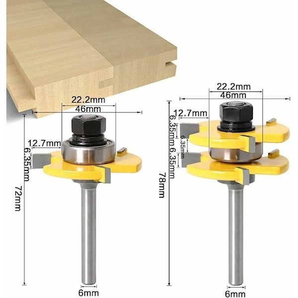 6MM Varren Kiinnitys Uritettu ja Ura-Kutterisetti 3 Hampainen T-Muotoinen Puunleikkaustyökalu (6MM)