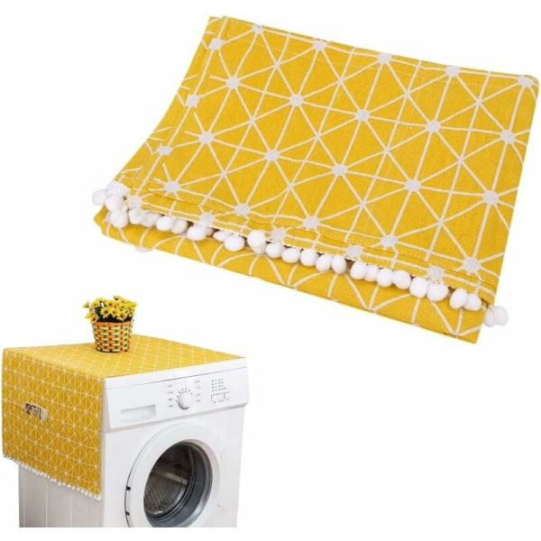 Monitoiminen puuvillainen pellavajääkaapin cover sivuilla säilytystaskuilla pesukoneelle Keltainen ja valkoinen raidallinen kuvio-Fei Yu
